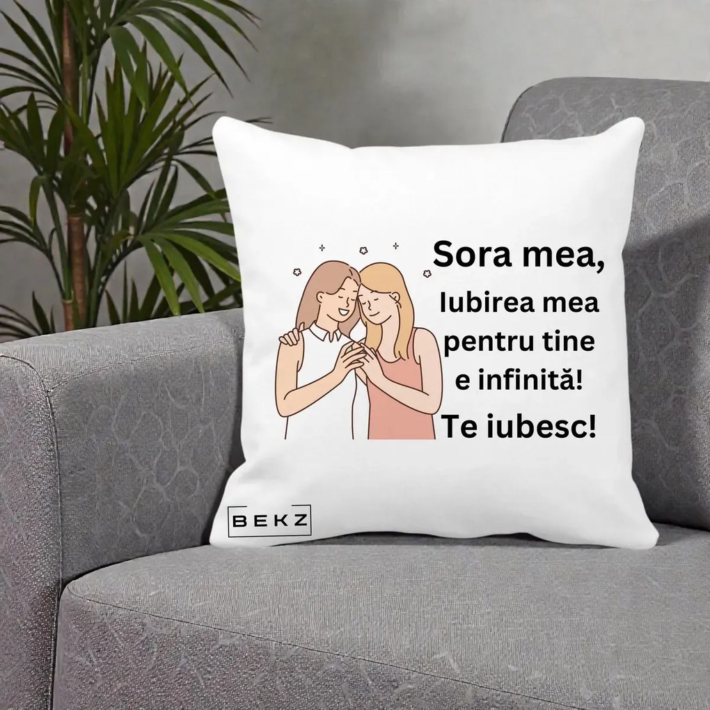 Cadou pentru Sora - Perna Personalizata Sora Mea Te Iubesc Imbratisare cu Sclipiri, 40x40 cm, Alba Mata, Husa Detasabila, Perna Inclusa, BEKZ®