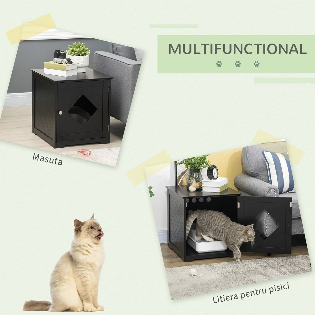 PawHut Litiera Pisici Retractabilă cu Ușă și Raft Magnetic, MDF, 48.5x53x51.5cm, Design Elegant, Negru | Aosom Romania