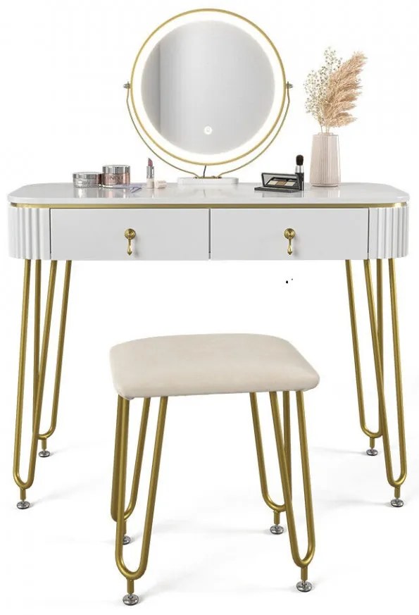 SEA398 - Set Masa toaleta, 100 cm, cosmetica machiaj, oglinda cu LED, scaunel taburet tapitat - Alb Lucios-Auriu