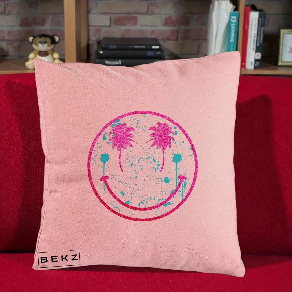 Perna Decorativa Smiley Face Tropical Glitter Roz, 40x40 cm, Roz, Husa Detasabila, Perna Inclusa, BEKZ®