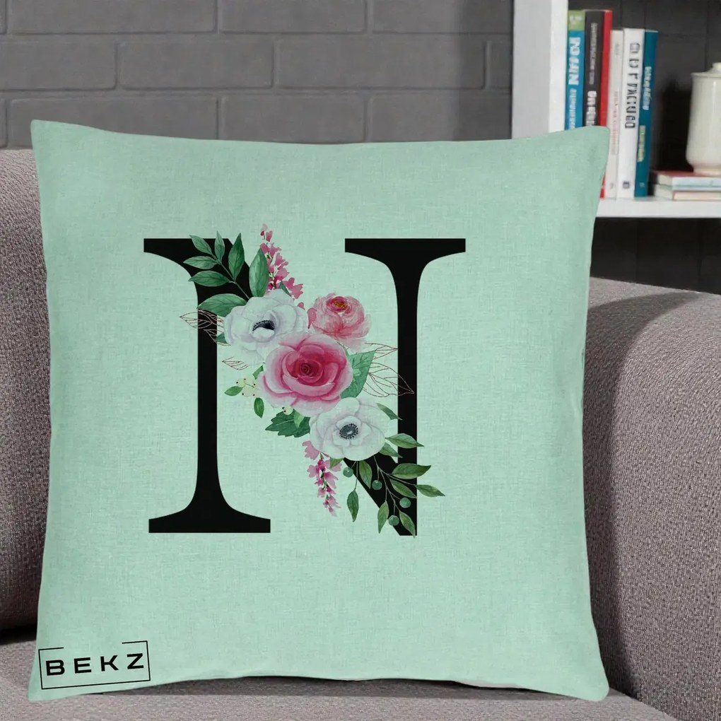 Cadou Personalizat - Perna Personalizata Monograma Florala Litera N, 40x40 cm, Verde Menta, Husa Detasabila, Perna Inclusa, BEKZ®