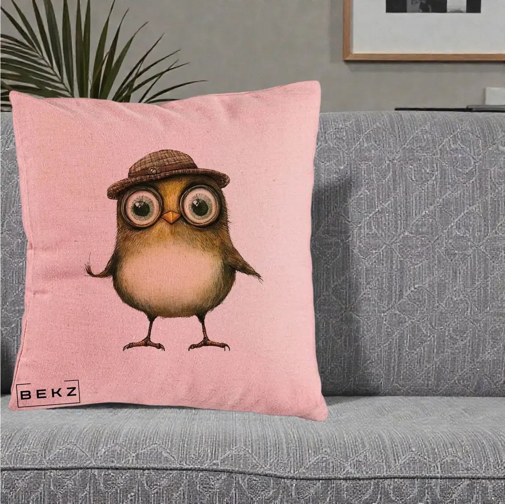 Perna Decorativa Pui Intelectual cu Palarie Tweed, 40x40 cm, Roz, Husa Detasabila, Perna Inclusa, BEKZ®