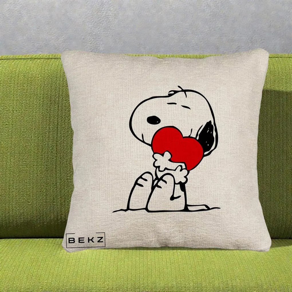 Perna Personalizata Snoopy cu Inima, 40x40 cm, Bej Canapea, Husa Detasabila, Perna Inclusa, BEKZ®
