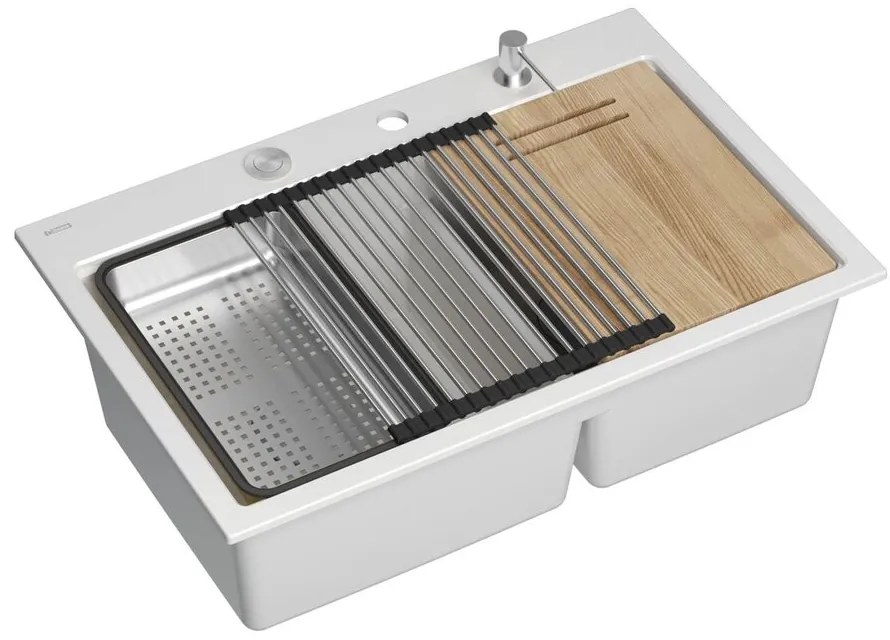 Statie de lucru incastrata Quadron Unique Marc 120 alb - inox 2 cuve 76x50 cm