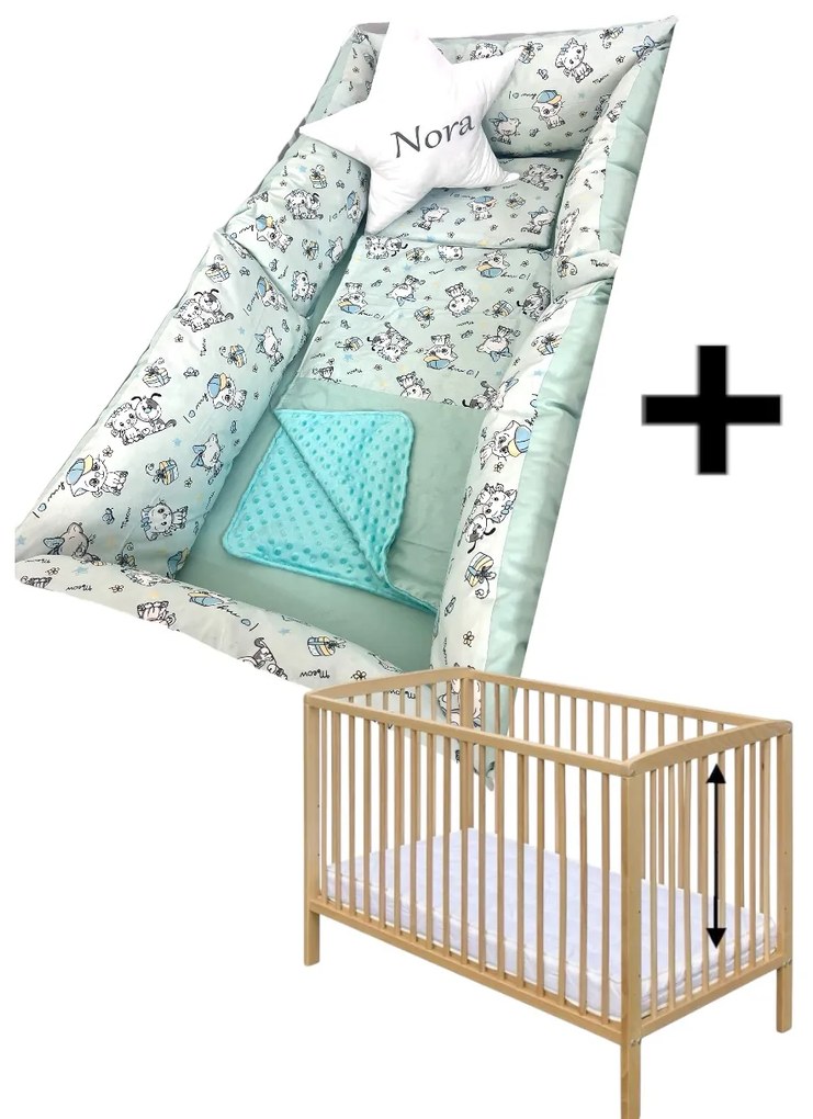 OTL Pat natur+ Saltea + Lenjerie de pat cu perne lungi Pisici vernil + Perna stea personalizata