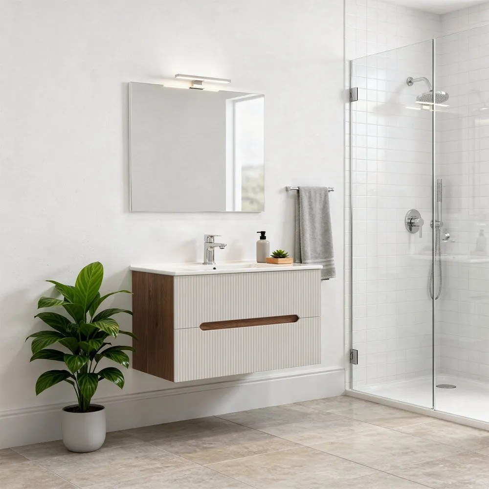 Trent Mobilier de baie 80 cm lavoar ceramic (2 sertare) cu oglindă 60x80 cm sunset stejar-alb