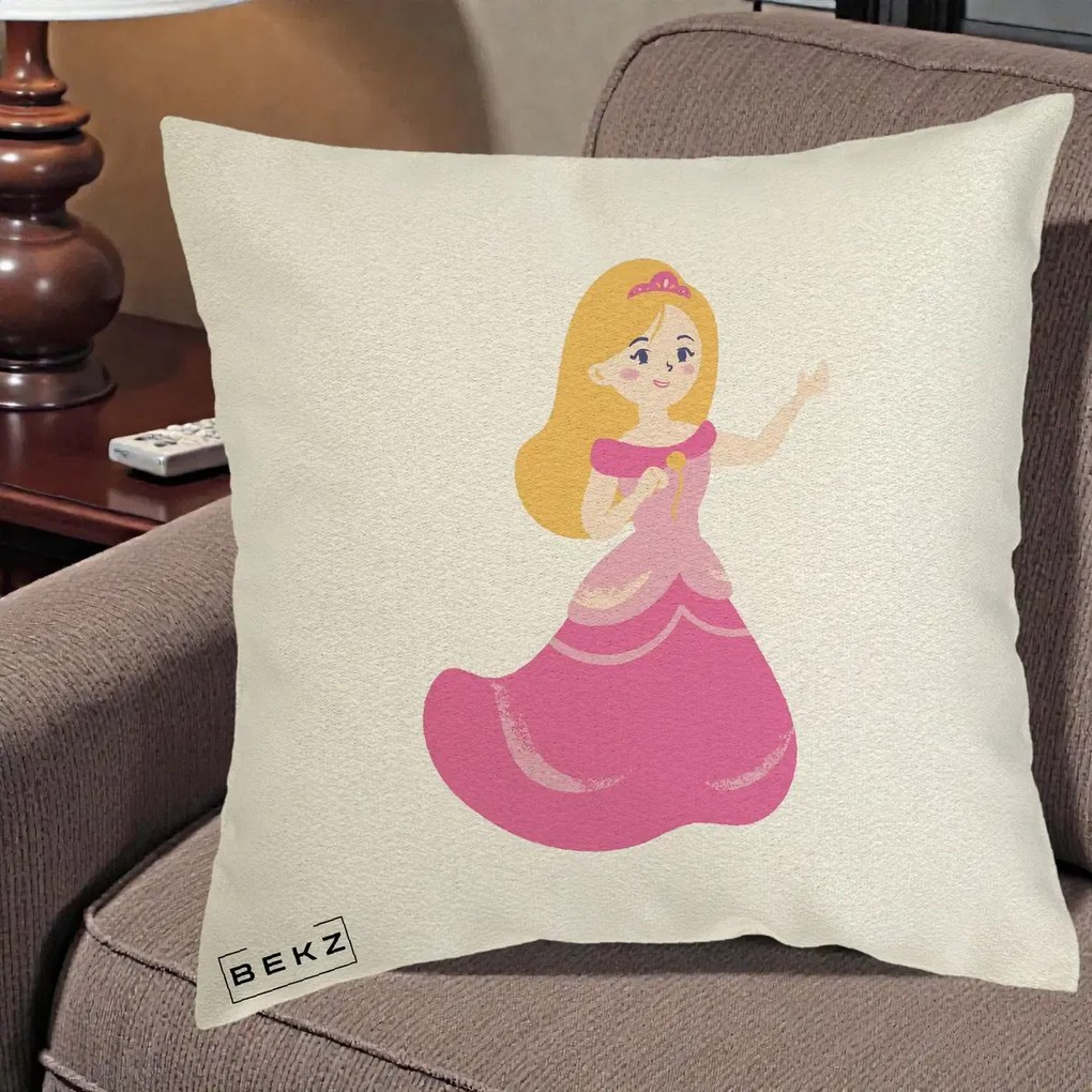 Perna Personalizata Printesa Roz cu Microfon, 40x40 cm, Ecru, Husa Detasabila, Perna Inclusa, BEKZ®
