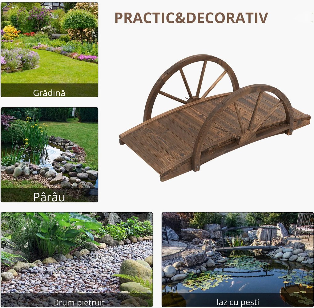 Outsunny Pod de grădină din lemn, cu balustradă la jumătate de roți și o capacitate de 150 KG, 100 x 50 x 37 cm, maro | Aosom Romania