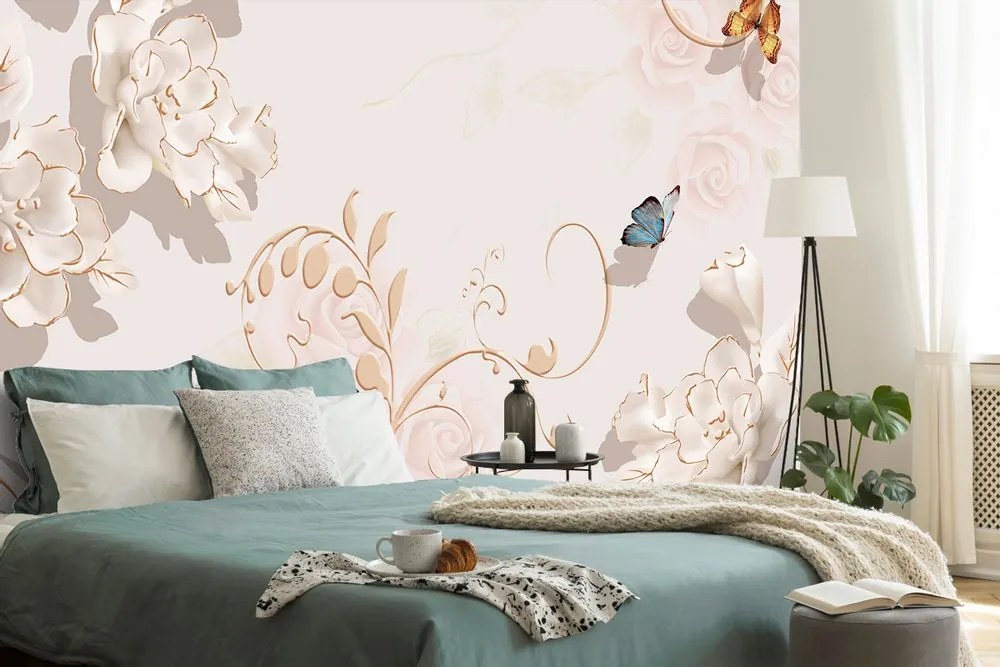 Tapet natură moartă vintage cu un fluture
