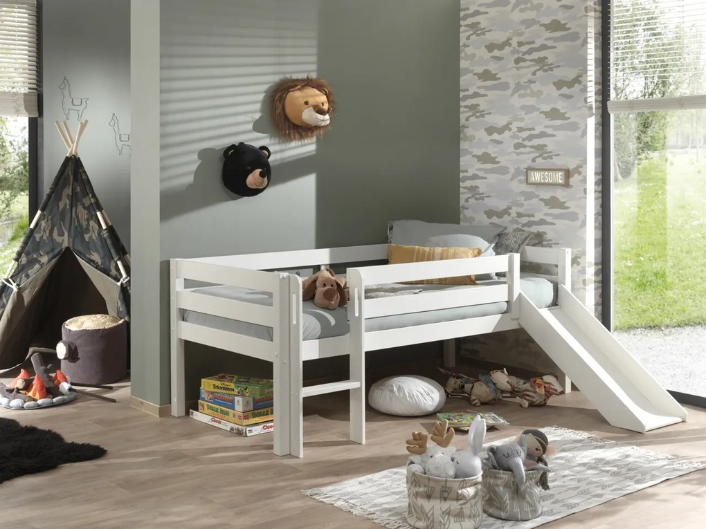 Pat Pino pentru copii cu tobogan, alb, 90x200 cm, înălțime 85 cm – Vipack