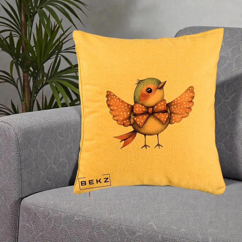 Perna Decorativa Pasare Roz cu Aripi si Fundita, 40x40 cm, Galben, Husa Detasabila, Perna Inclusa, BEKZ®