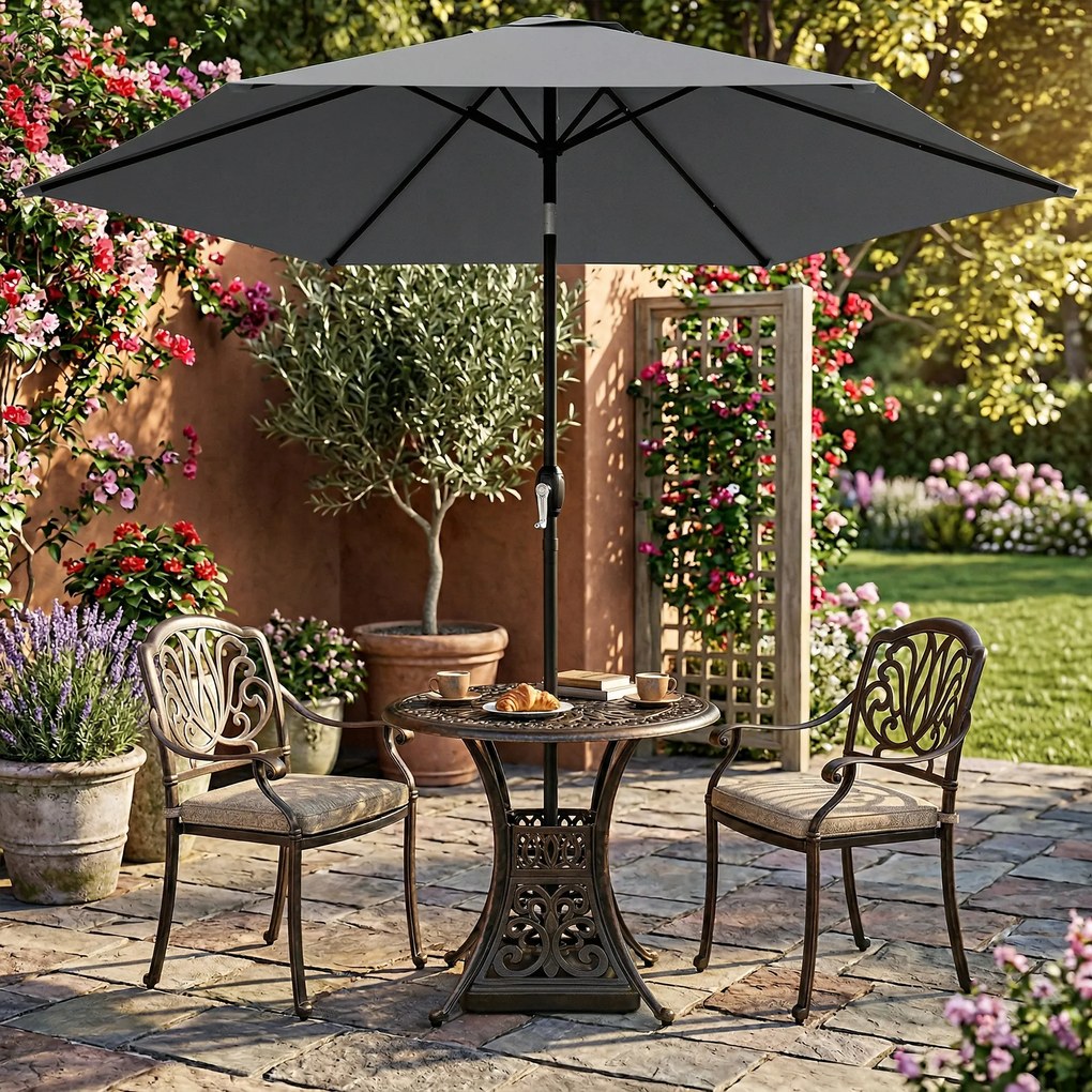 Outsunny Umbrelă de grădină exterioară rotundă 2 m, înclinabilă la 30°, manivelă, stâlp din aluminiu, țesătură 180 g/m², anti-UV, Gri Închis | Aosom Romania