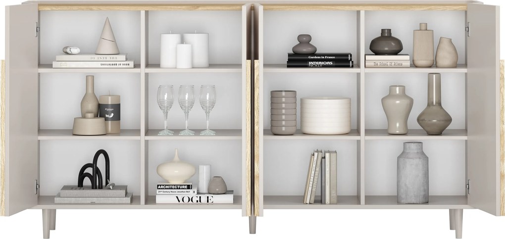 Comodă cu patru uși pe picioare Amilio 200 cm - cașmir / stejar uleiat / mânere stejar deschis