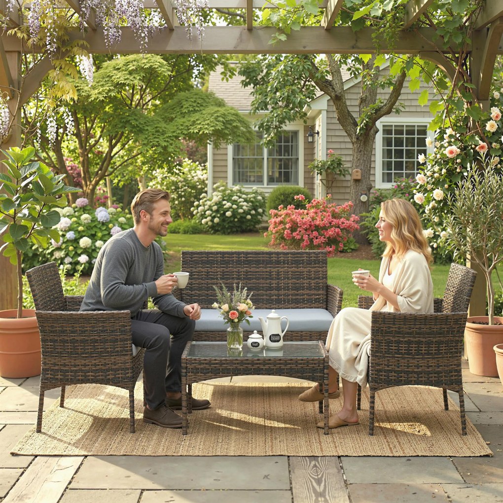 Outsunny Set Mobilier de Grădină din 4 Piese cu Canapea, 2 Fotolii și Măsuță de Cafea, 102x58x82 cm, Maro | Aosom Romania