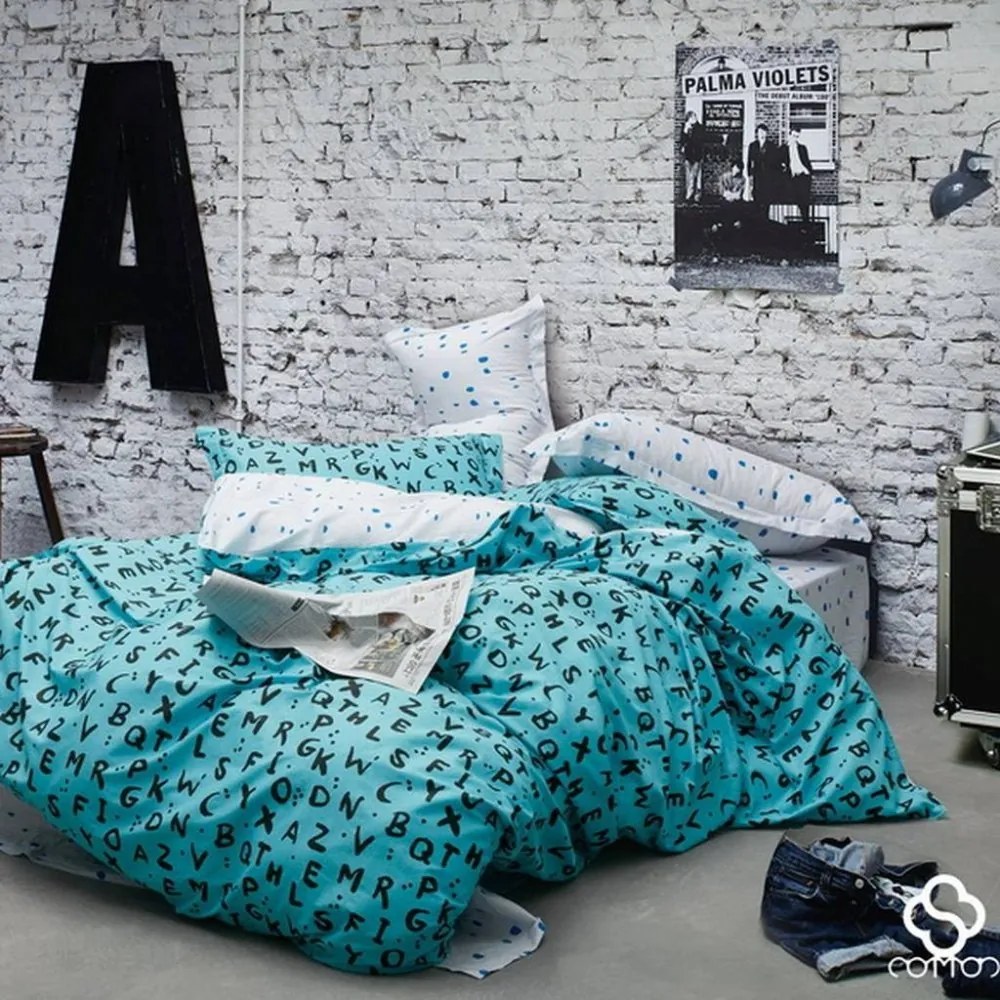 Lenjerie de pat frumoasă și confortabilă din bumbac, albă și albastră, combinată cu un model de scrisori 3 părți: 1buc 180 cmx200 + 2buc 70 cmx80