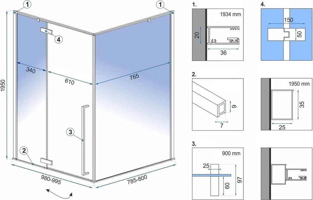 Cabina de dus Fargo cu cadita neagra 100x80 negru mat