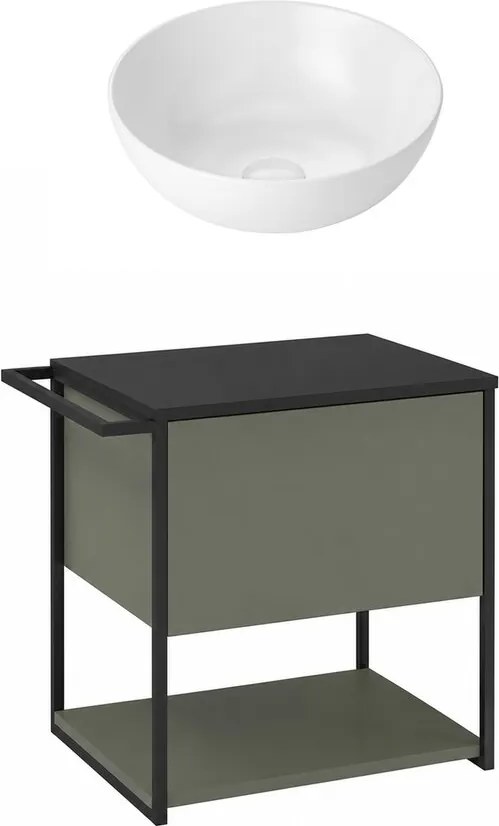 Set dulap baza suspendat Krofam Lov verde-negru 60 cm blat negru cu lavoar 39 cm