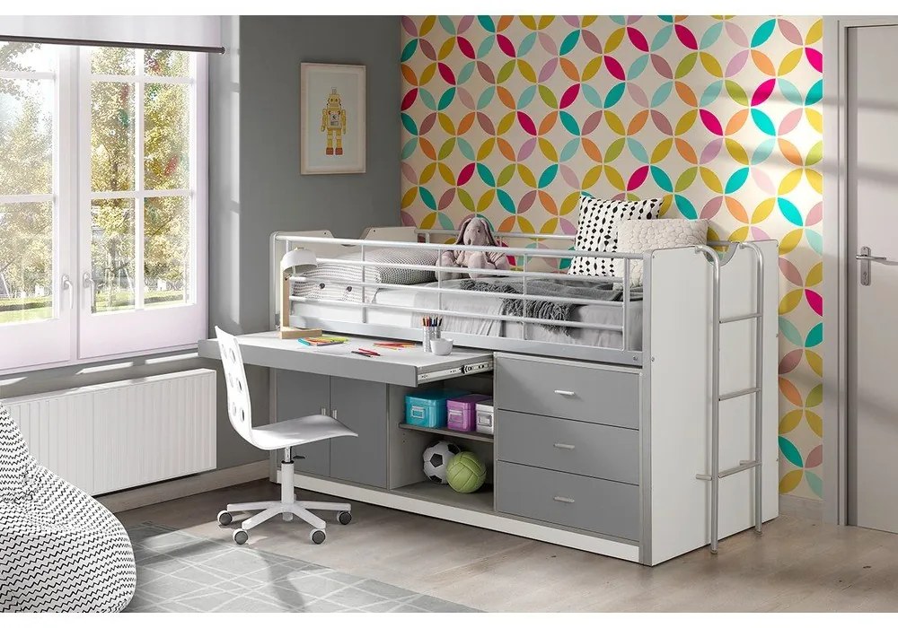 Pat pentru copii alb-gri înalt cu spațiu de depozitare cu somieră 90x200 cm Bonny – Vipack