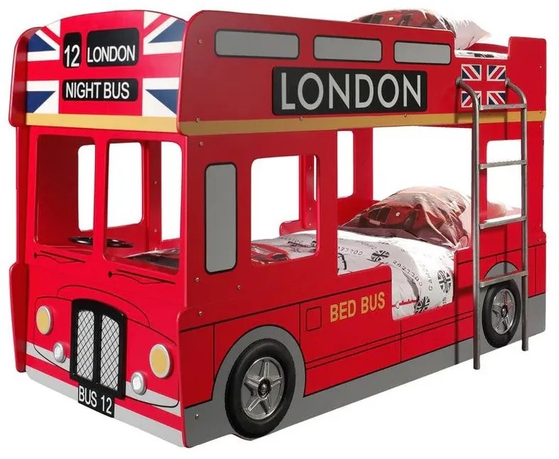 Pat Suprapus Autobuz Londonez, 90x200 cm, Roșu (MDF), cu Lumini LED – Auto – Vipack
