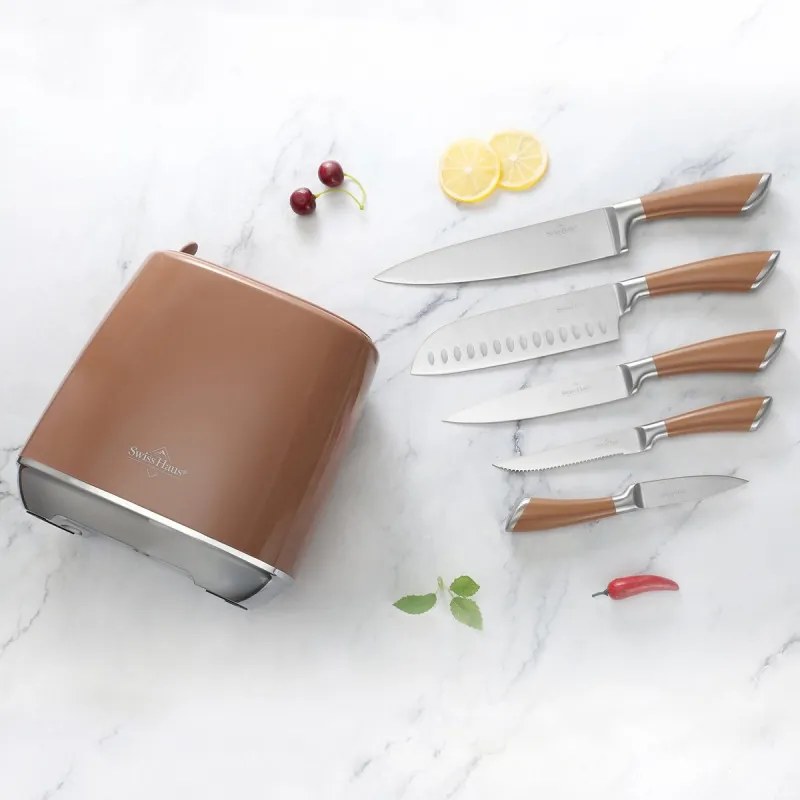Set de cutite Swiss Haus SH-KSL6CO, 6 piese, Otel inoxidabil, Manere metalice, Suport, Cupru
