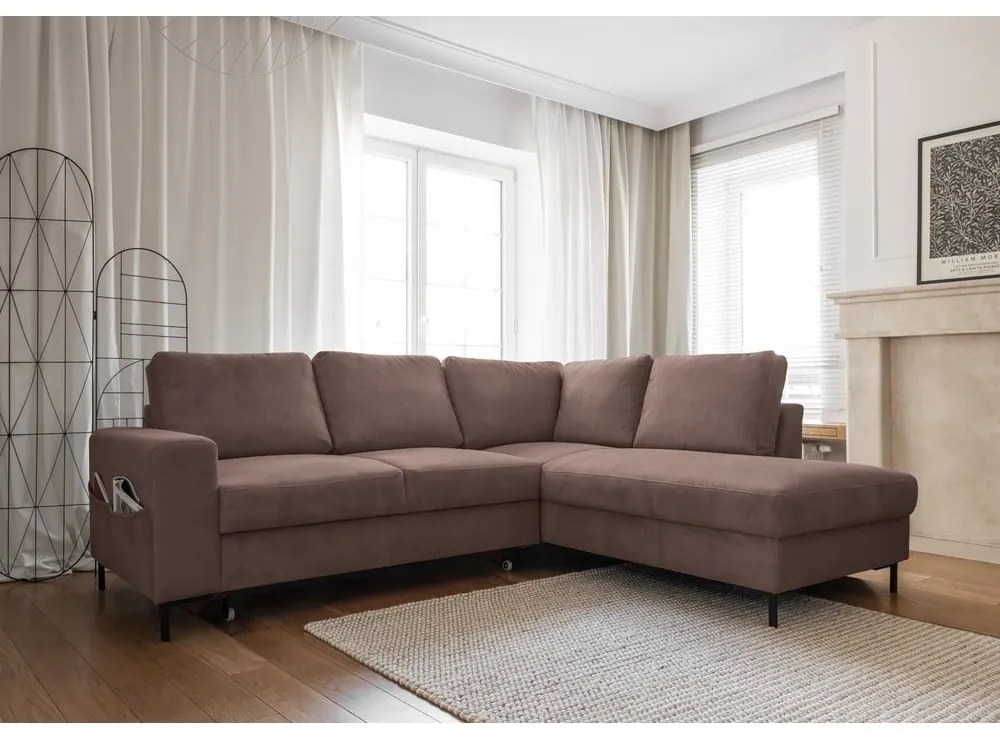 Colțar maro extensibil cu tapițerie din catifea reiată (cu colț pe partea dreaptă) Lofty Lilly – Miuform