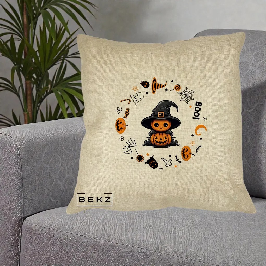 Perna Decorativa Halloween Dovleac Vrajitor Boo cu Simboluri, 40x40 cm, Crem, Husa Detasabila, Perna Inclusa, BEKZ®