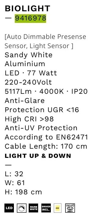 Lampadar, Lampa de podea LED cu senzor de lumina BIOLIGHT NVL-9416978