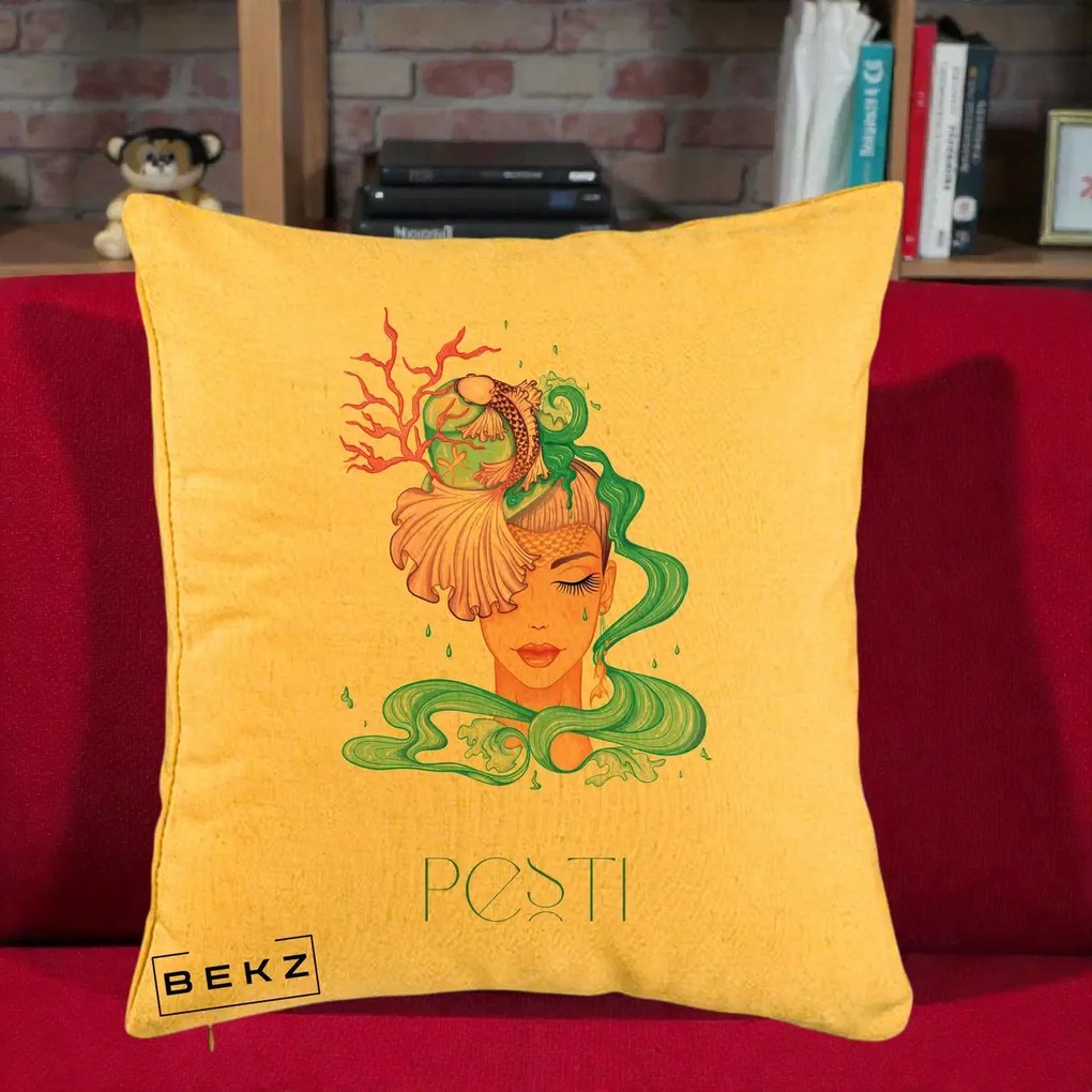 Perna Personalizata Zodiac Pesti Cowgirl, 40x40 cm, Galben, Husa Detasabila, Perna Inclusa, BEKZ®