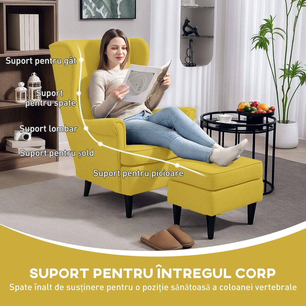 HOMCOM Fotoliu cu Taburet Asortat în Stil Contemporan Galben | Aosom Romania