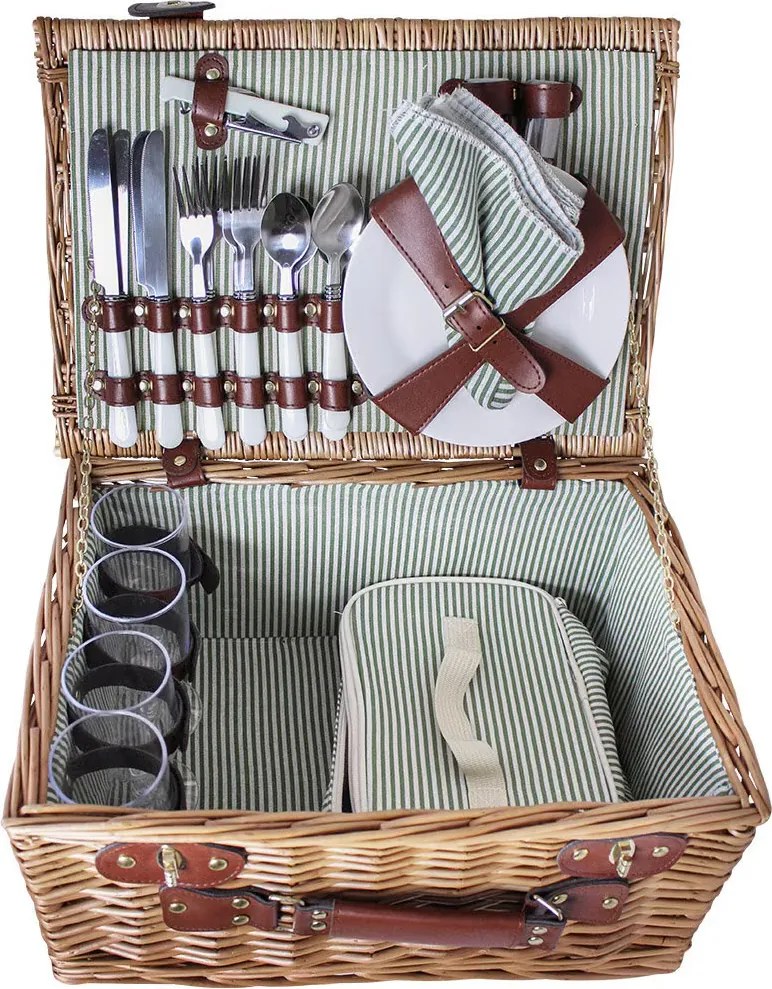 Coș de picnic mare din răchită împletită cu căptușeală în dungi verzi, pentru 4 persoane, „Vendela Large Green"