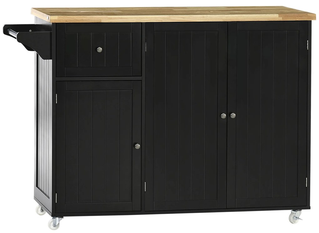 HOMCOM Masă de bucătărie insulă multi-depozitare 1 sertar 2 dulapuri 3 uși cu raft suport prosoape lemn de hevea negru | Aosom Romania