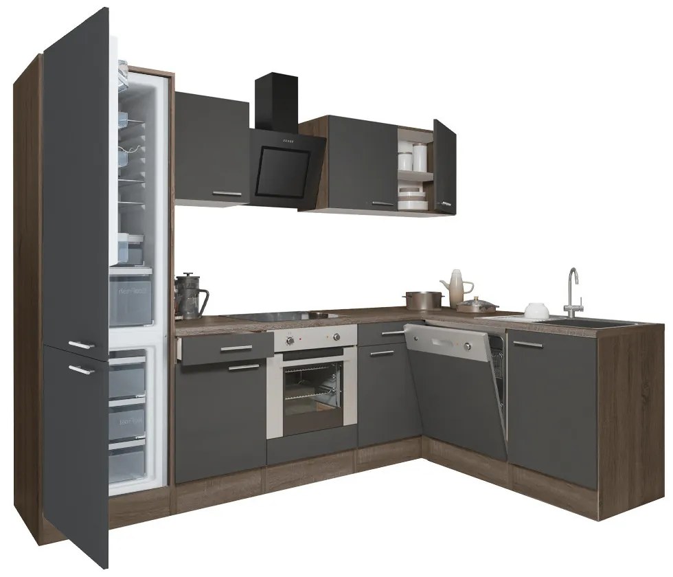 Mobilă de bucătărie de colț Yorki 280, corp din stejar Yorki, față antracit satinat cu element cuptor inferior, dulap frigider cu dedurizator inferior