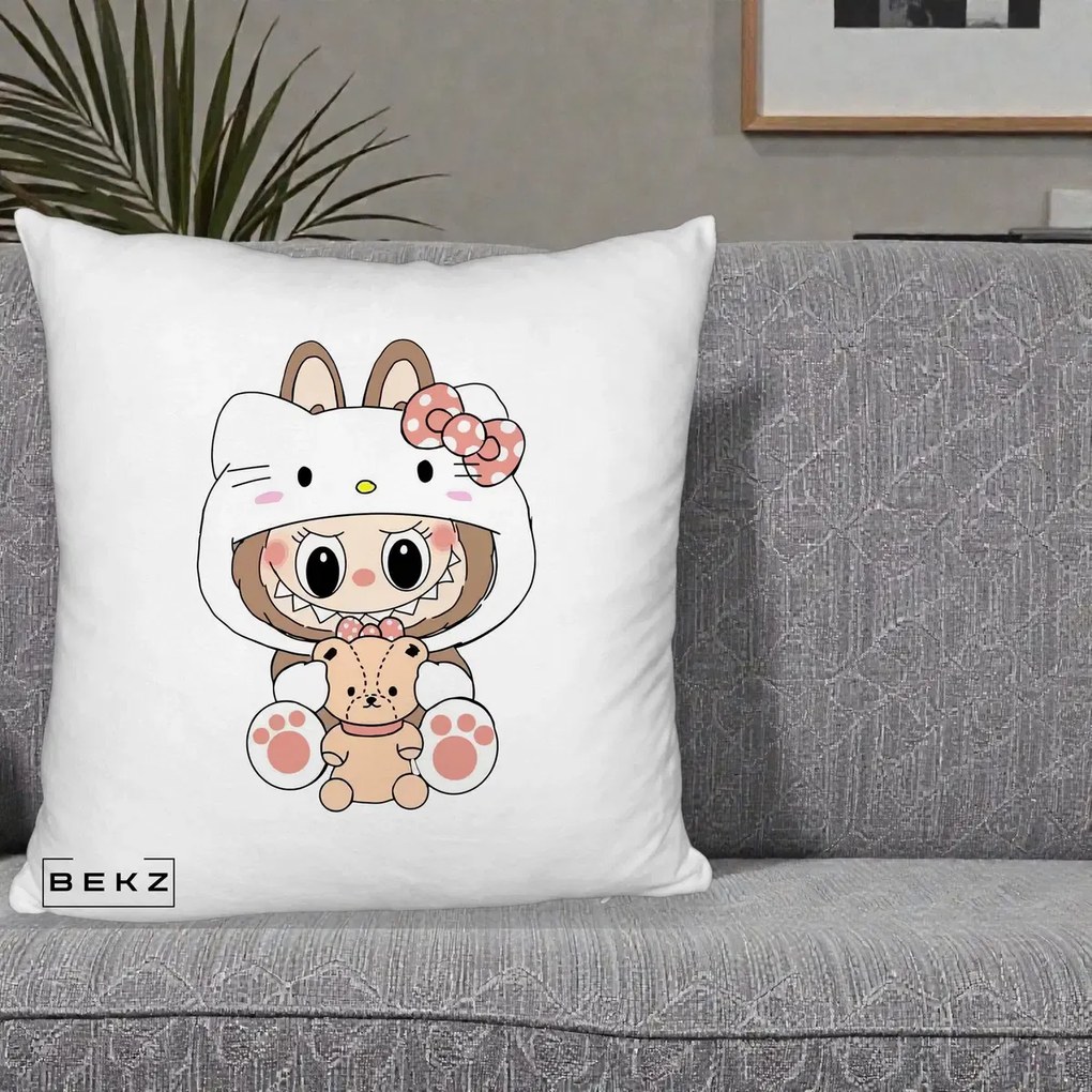 Perna Personalizata Labubu x Hello Kitty, 40x40 cm, Alb Pufos, Husa Detasabila, Perna Inclusa, BEKZ®