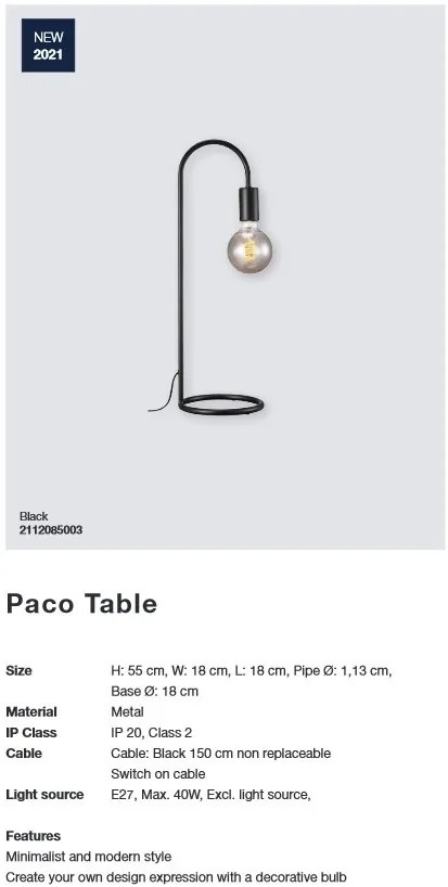 Veioza, lampa de masa design modern PACO negru 2112085003 NL