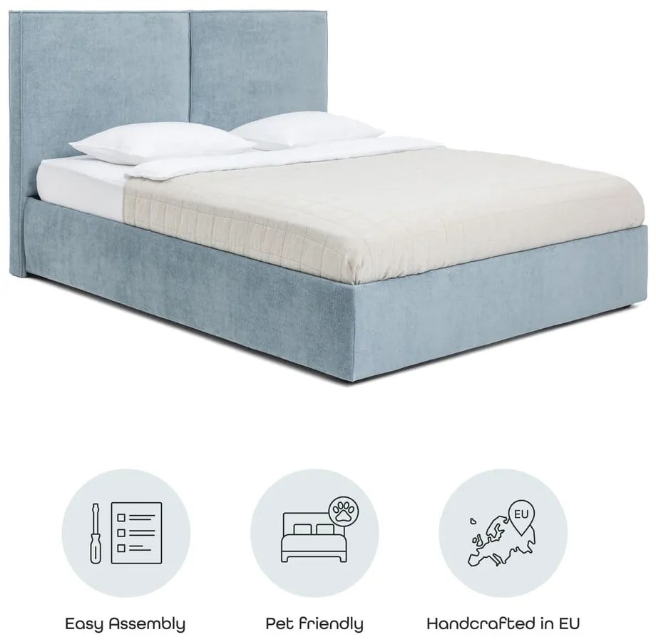 Pat matrimonial albastru tapițat cu spațiu de depozitare cu somieră 160x200 cm Thessa Bold – Bonami Selection