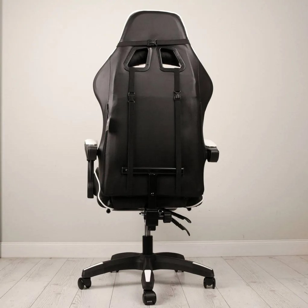 JAKS PREMIUM SCAUN GAMING REGLABIL ECO - PIELE NEGRU-ALB + PERNĂ DE MASAJ