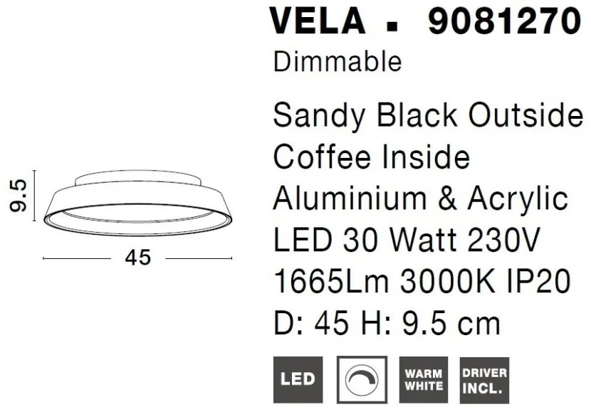 Plafoniera LED dimabila design modern Vela negru 45cm