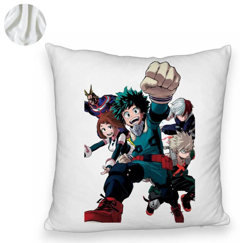 Perna Decorativa Fluffy cu My Hero Academia Characters 2, 40x40 cm, Alba, Husa Detasabila, Burduf