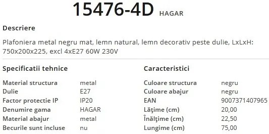 Plafoniera design modern HAGAR negru 15476-4D GL