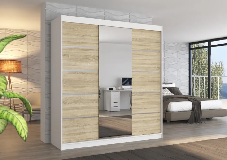 Dulap cu usi glisante si oglinda 200x215 cm, Bergen, ADRK Furniture (Culoare: Negru / Alb)