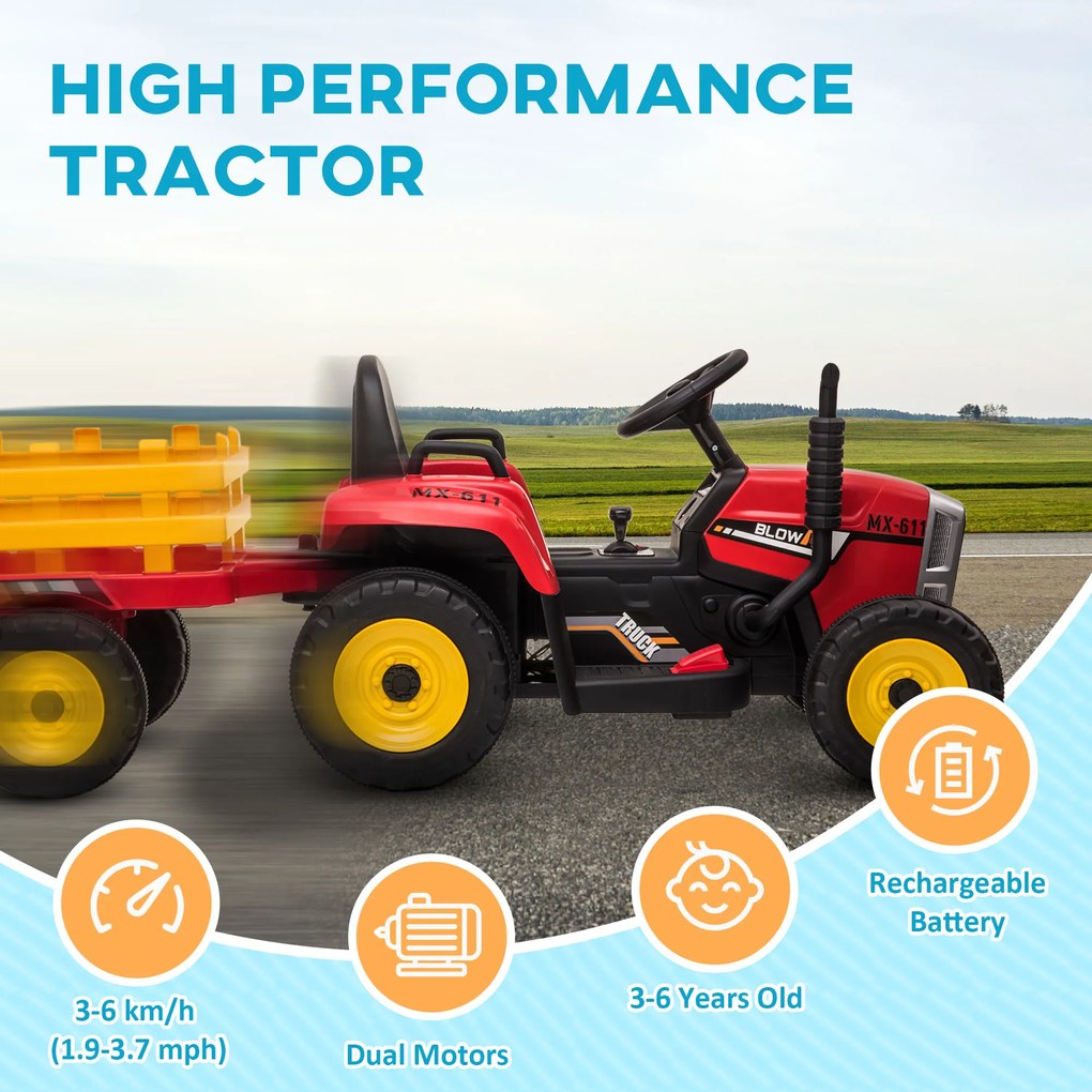 HOMCOM Tractor Electric pentru Copii cu Remorcă Detașabilă, Telecomandă și Lumini, pentru Copii 3-6 Ani, 136,5x50x52,5 cm, Roșu | Aosom Romania