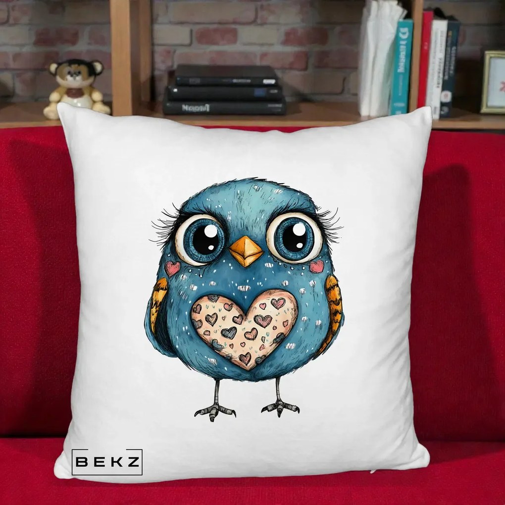 Perna Decorativa Bufnita Albastra cu Inimioare, 40x40 cm, Alb Pufos, Husa Detasabila, Perna Inclusa, BEKZ®