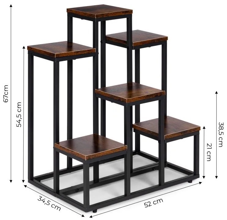 Suport pentru flori Loft - 6 rafturi, oțel negru și decor din lemn