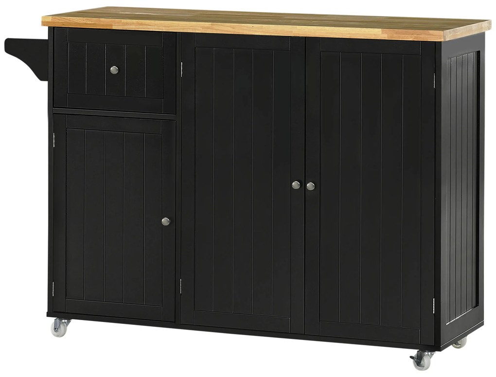 HOMCOM Masă de bucătărie insulă multi-depozitare 1 sertar 2 dulapuri 3 uși cu raft suport prosoape lemn de hevea negru | Aosom Romania