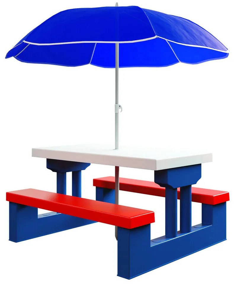 Set de șezut pentru copii cu umbrelă de soare JASMIN, 67x78,5x42,5cm, albastru/alb/roșu Spielwerk