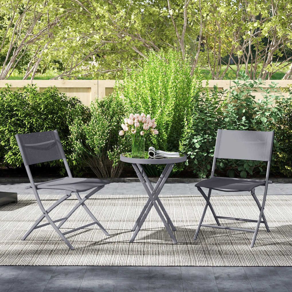 Outsunny Set de bistrou 3 piese pliabil din metal, 2 scaune și 1 masă rotundă, set de grădină exterior pentru 2 persoane, gri | Aosom Romania