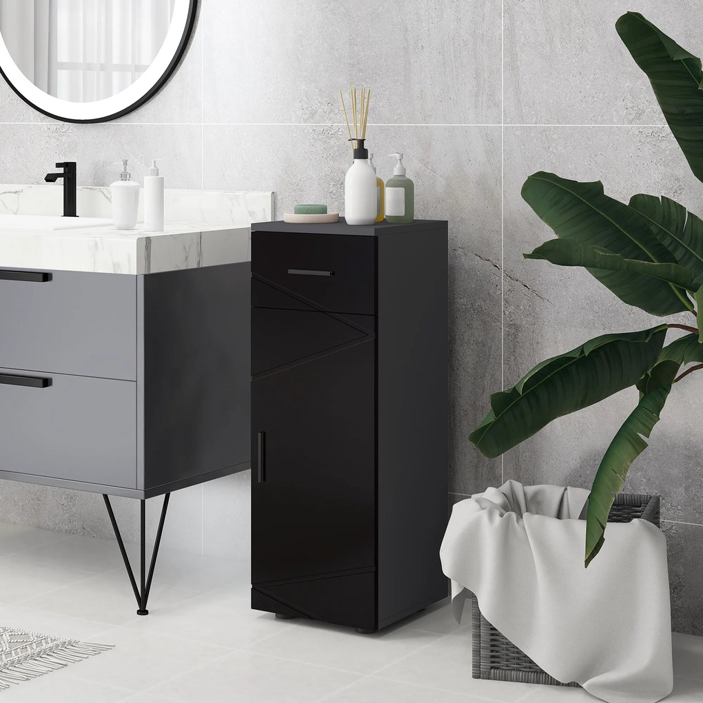 Kleankin Dulap de baie din PAL cu sertar și dulap pe 2 nivele reglabile, 30x30x82 cm, de culoare negru și gri închis | Aosom Romania
