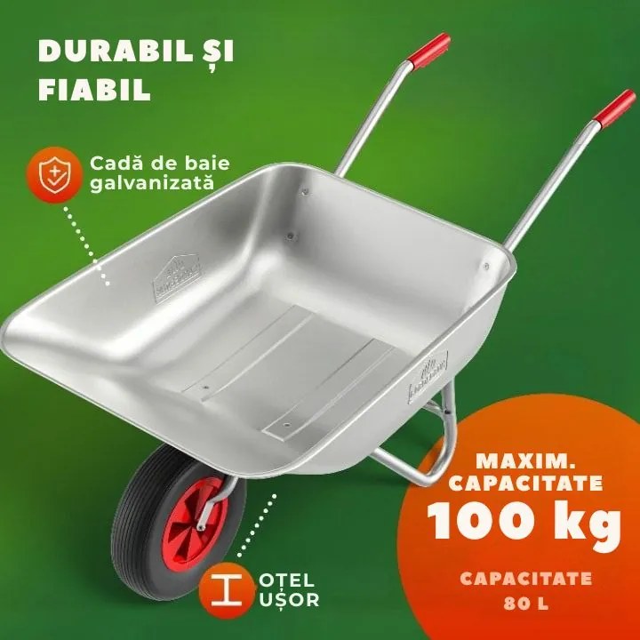 Roabă LARRY zincată, capacitate max. 80l/100kg, argintiu/negru Gardebruk