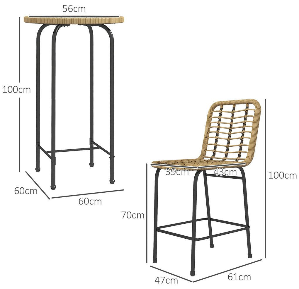 Outsunny Set 3 piese 1 masă rotundă înaltă design boem + 2 tabureți rotunzi cu suport pentru picioare din metal pentru 2 persoane natural | Aosom Romania