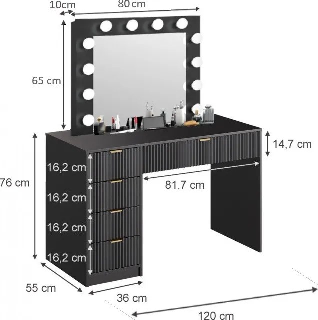 Masuta machiaj cu Oglinda LED si 5 Sertare pentru Cosmetice, Set Masa toaleta 120 cm, Alb, masuta cosmetica, vanity - SEN22